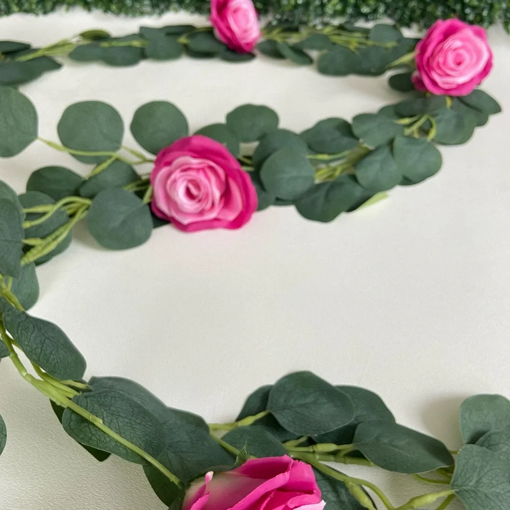 2 count Fuchsia Hot Pink Rose Eucalyptus Garlands 6 feet